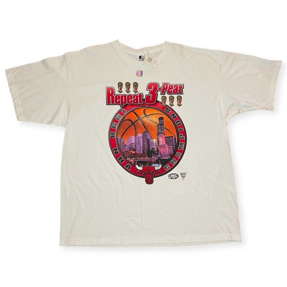 Vintage 1998 Starter NBA Champions Chicago Bulls Repeat 3 Peat T-shirt 2XL NWT